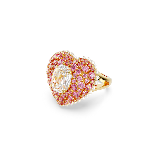 Hyperbola cocktail ring, Octagon cut, Crystal pearls, Heart, Pink, Gold-tone plated