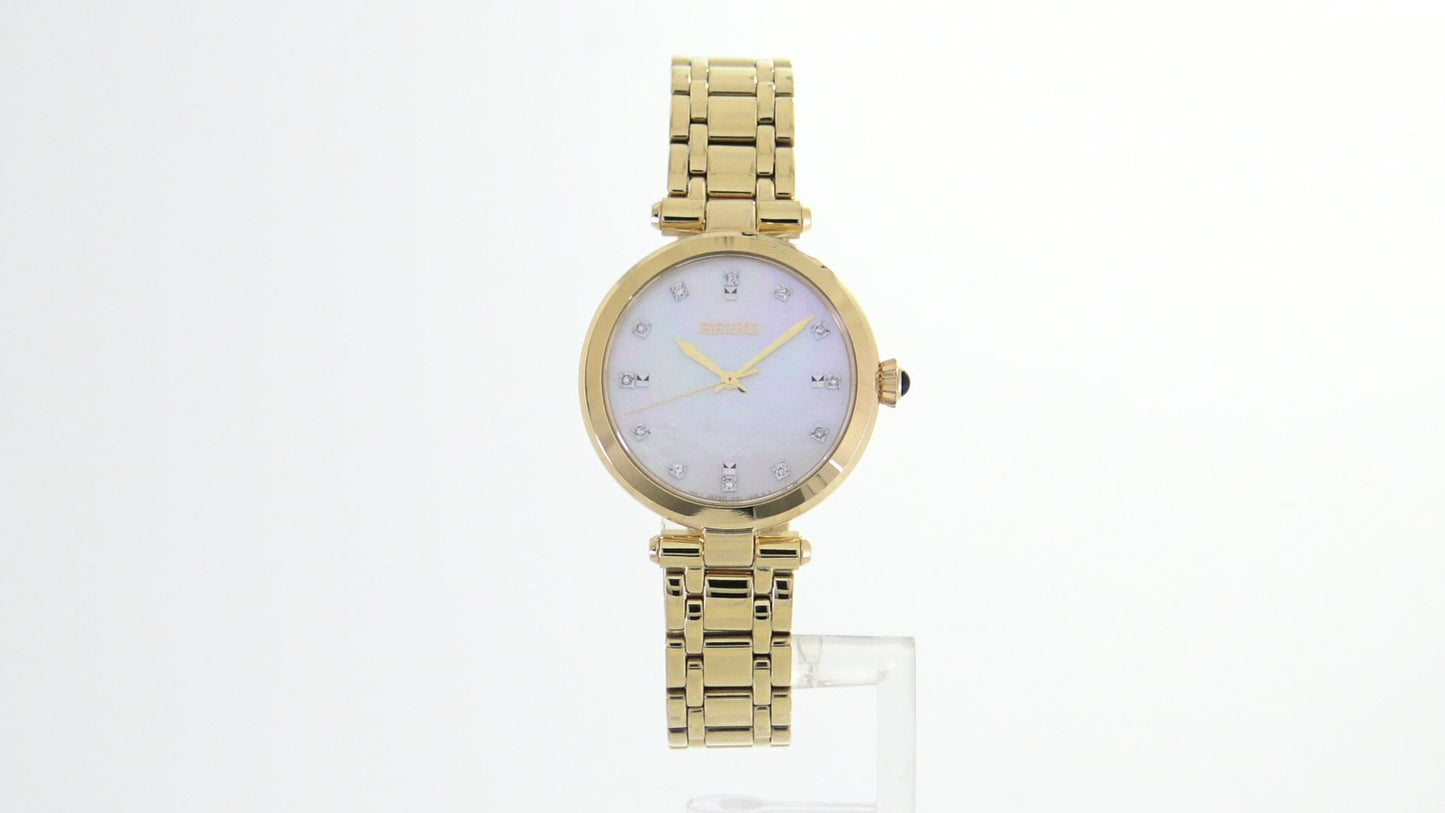 Load and play video in Gallery viewer, Seiko Women`s Diamonds Mop Dial Gold Tone Bracelet Watch SRZ536
