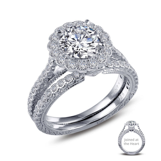 LaFonn Platinum Simulated Diamond Size: 7.00mm Round, Approx. 1.28 CTW RINGS Joined-At-The-Heart Wedding Set