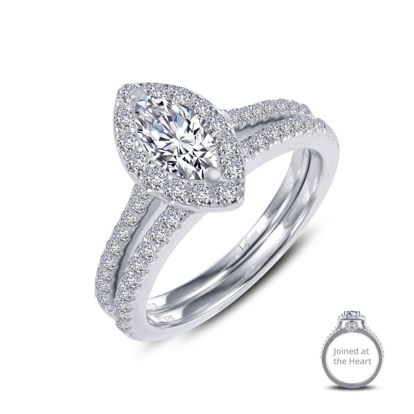 LaFonn Platinum Simulated Diamond Size: 8X4mm Marquise, Approx. 0.47 CTW RINGS Joined-At-The-Heart Wedding Set