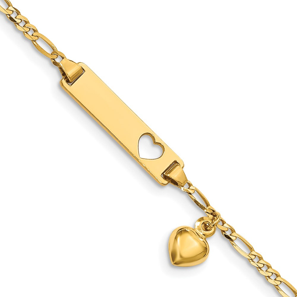 Load image into Gallery viewer, Quality Gold 14k Cut-out Heart w/Dangling Heart Children&amp;#39;s Figaro Link ID Bracelet Gold     
