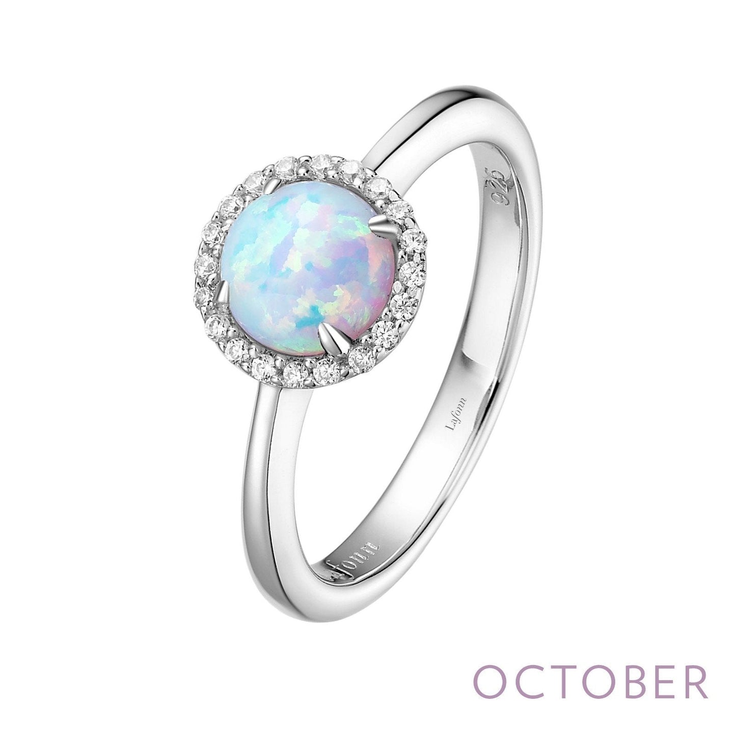 Load image into Gallery viewer, Lafonn October Birthstone Ring OCTOBER RINGS Size 6 Platinum Simulated Opal: RD 6mm.   Lassaire simulated diamonds: 0.20 cts. CTS 
