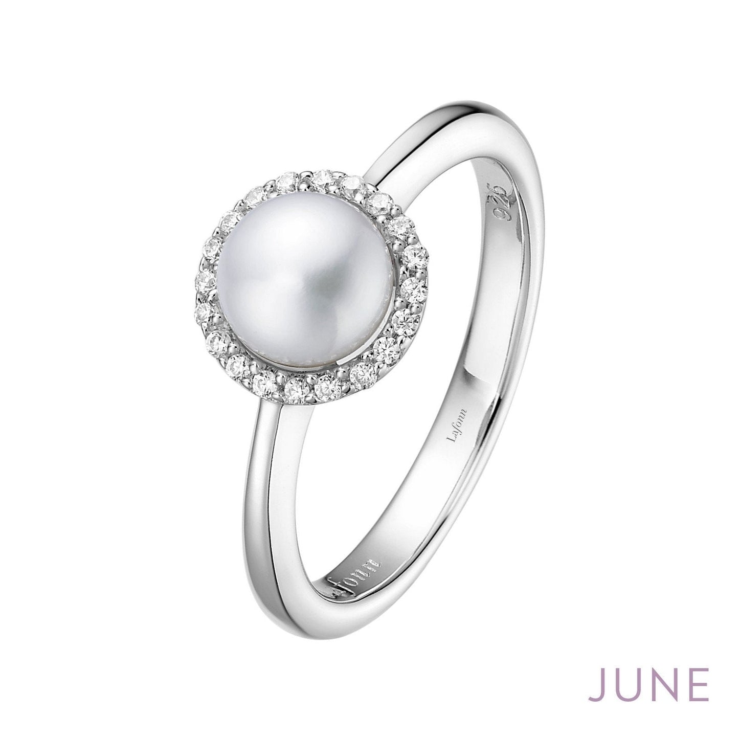 Load image into Gallery viewer, Lafonn June Birthstone Ring JUNE RINGS Size 9 Platinum Cultured Freshwater Pearl: 6mm.   Lassaire simulated diamonds: 0.20 cts. CTS 

