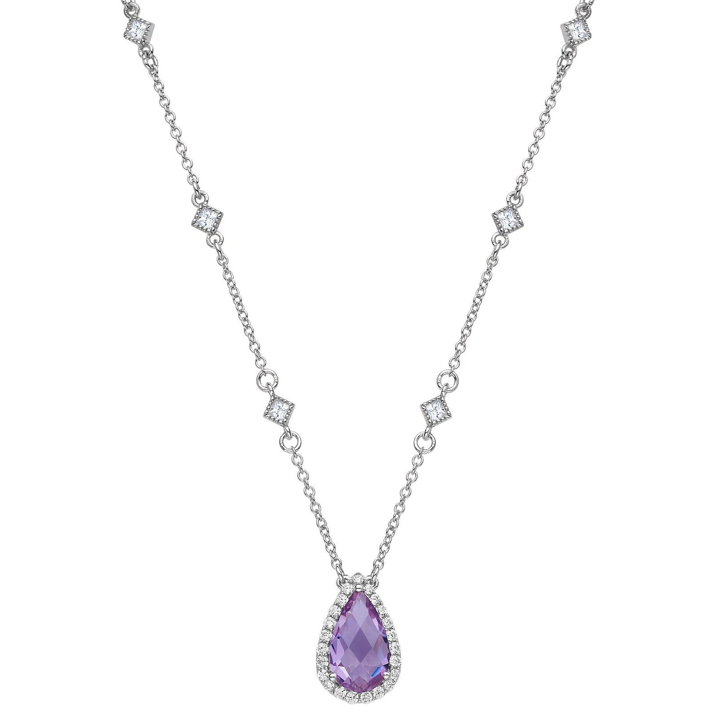 LaFonn Platinum Amethyst  12X7mm Pear, Amethyst, Approx. 2.98 CTW NECKLACES Genuine Amethyst Halo Necklace