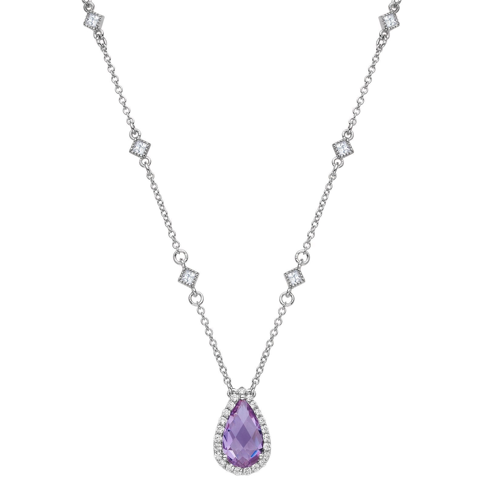 LaFonn Platinum Amethyst  12X7mm Pear, Amethyst, Approx. 2.98 CTW NECKLACES Genuine Amethyst Halo Necklace