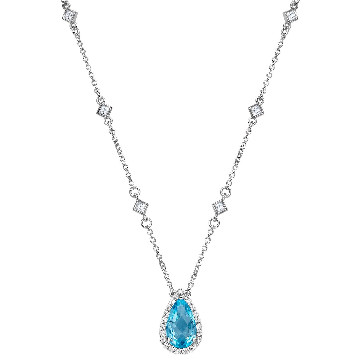 LaFonn Platinum Blue Topaz  12X7mm Pear, Blue topaz, Approx. 2.98 CTW NECKLACES Genuine Blue Topaz Halo Necklace