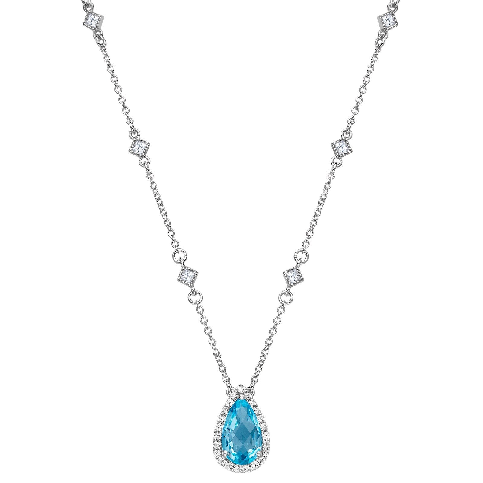 LaFonn Platinum Blue Topaz  12X7mm Pear, Blue topaz, Approx. 2.98 CTW NECKLACES Genuine Blue Topaz Halo Necklace