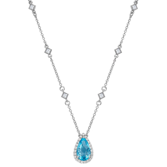 LaFonn Platinum Blue Topaz  12X7mm Pear, Blue topaz, Approx. 2.98 CTW NECKLACES Genuine Blue Topaz Halo Necklace