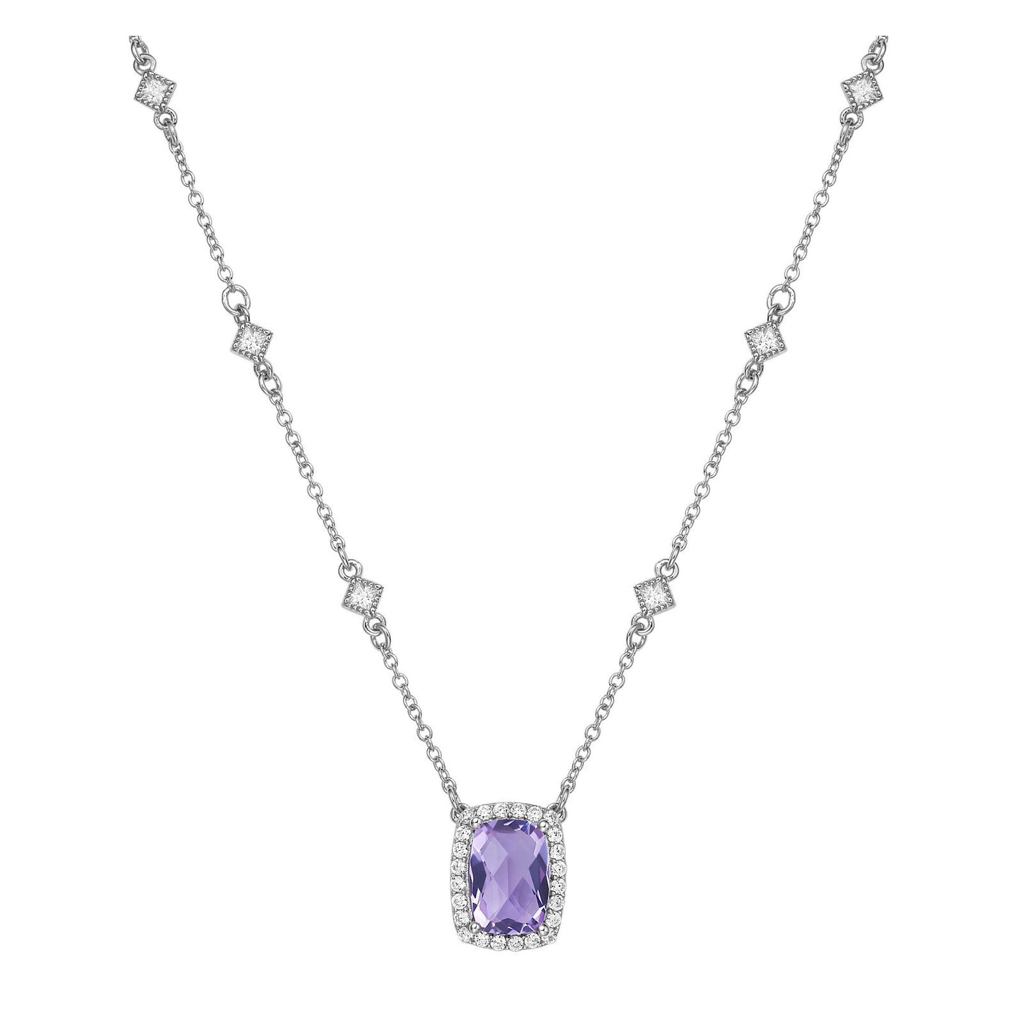 LaFonn Platinum Amethyst  10X7mm RECU, Amethyst, Approx. 3.21 CTW NECKLACES Genuine Amethyst Halo Necklace