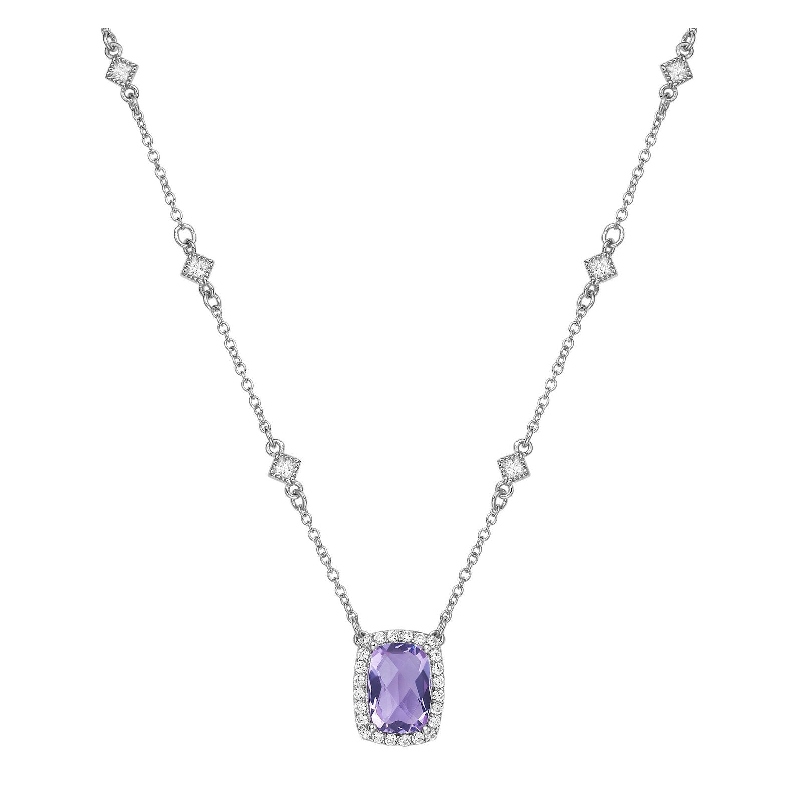 LaFonn Platinum Amethyst  10X7mm RECU, Amethyst, Approx. 3.21 CTW NECKLACES Genuine Amethyst Halo Necklace