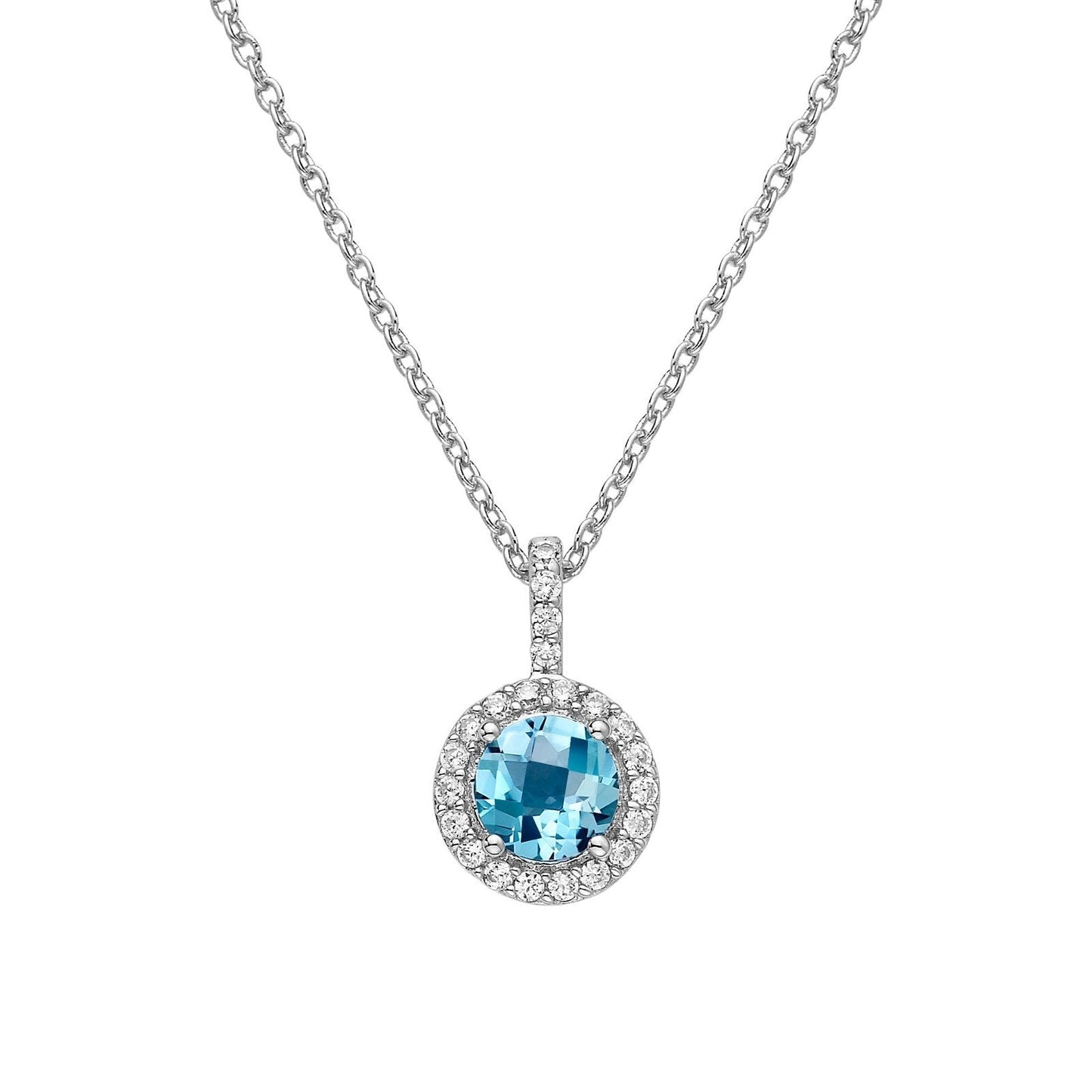 LaFonn Platinum Blue Topaz  6.00mm Round, Blue Topaz, Approx. 0.84 CTW NECKLACES Genuine Blue Topaz Halo Necklace