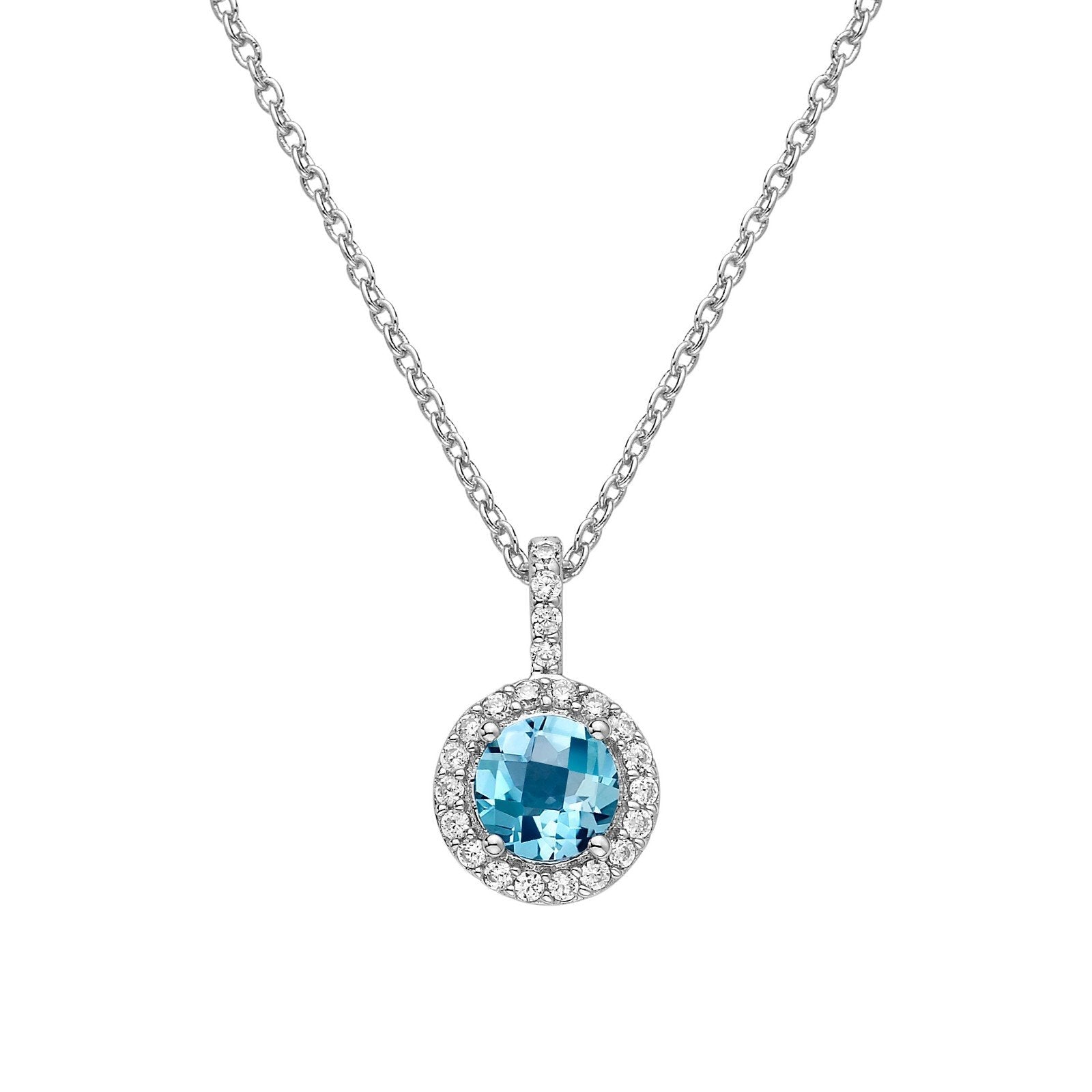 LaFonn Platinum Blue Topaz  6.00mm Round, Blue Topaz, Approx. 0.84 CTW NECKLACES Genuine Blue Topaz Halo Necklace