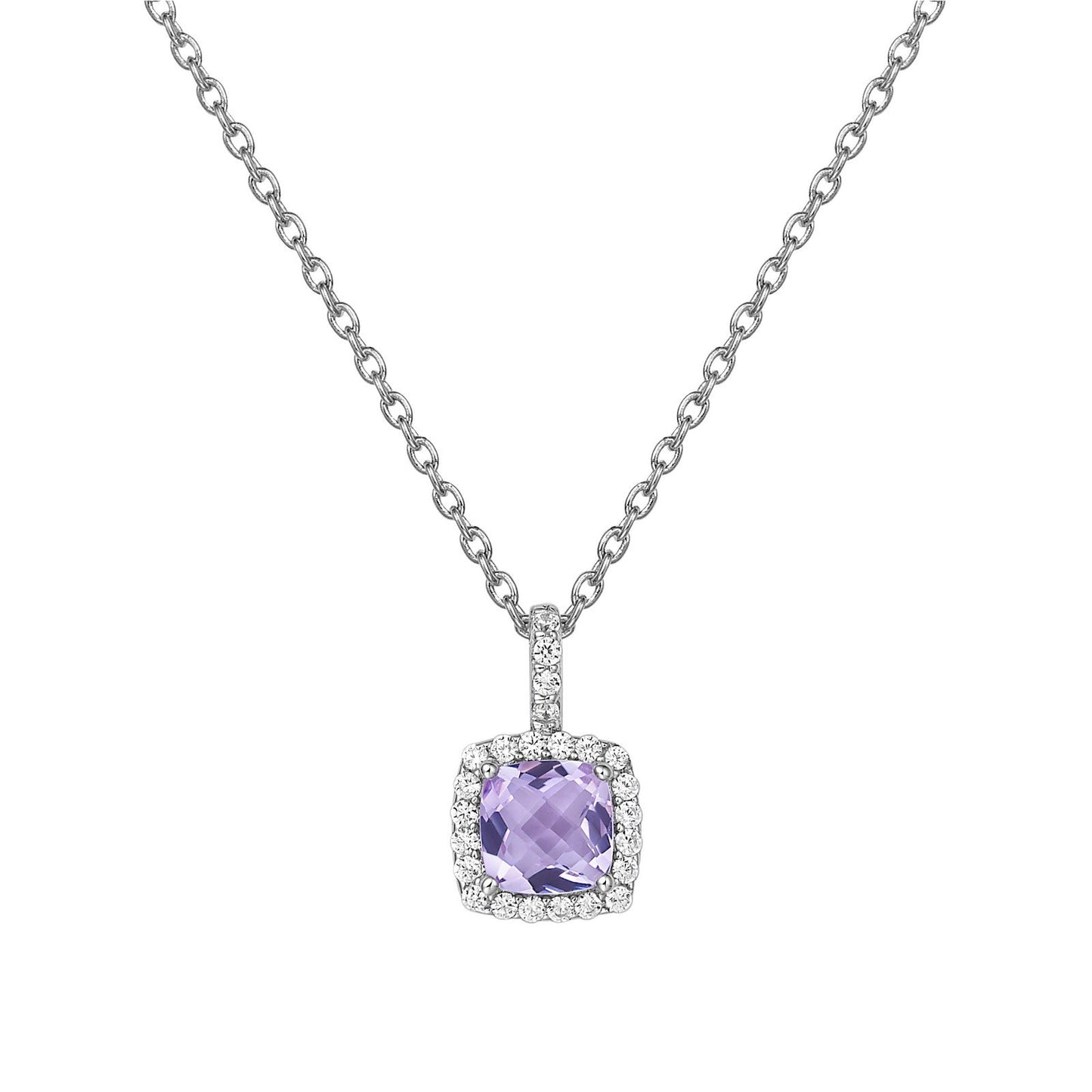 LaFonn Platinum Amethyst  6.00mm Cushion, Amethyst, Approx. 1.24 CTW NECKLACES Genuine Amethyst Halo Necklace