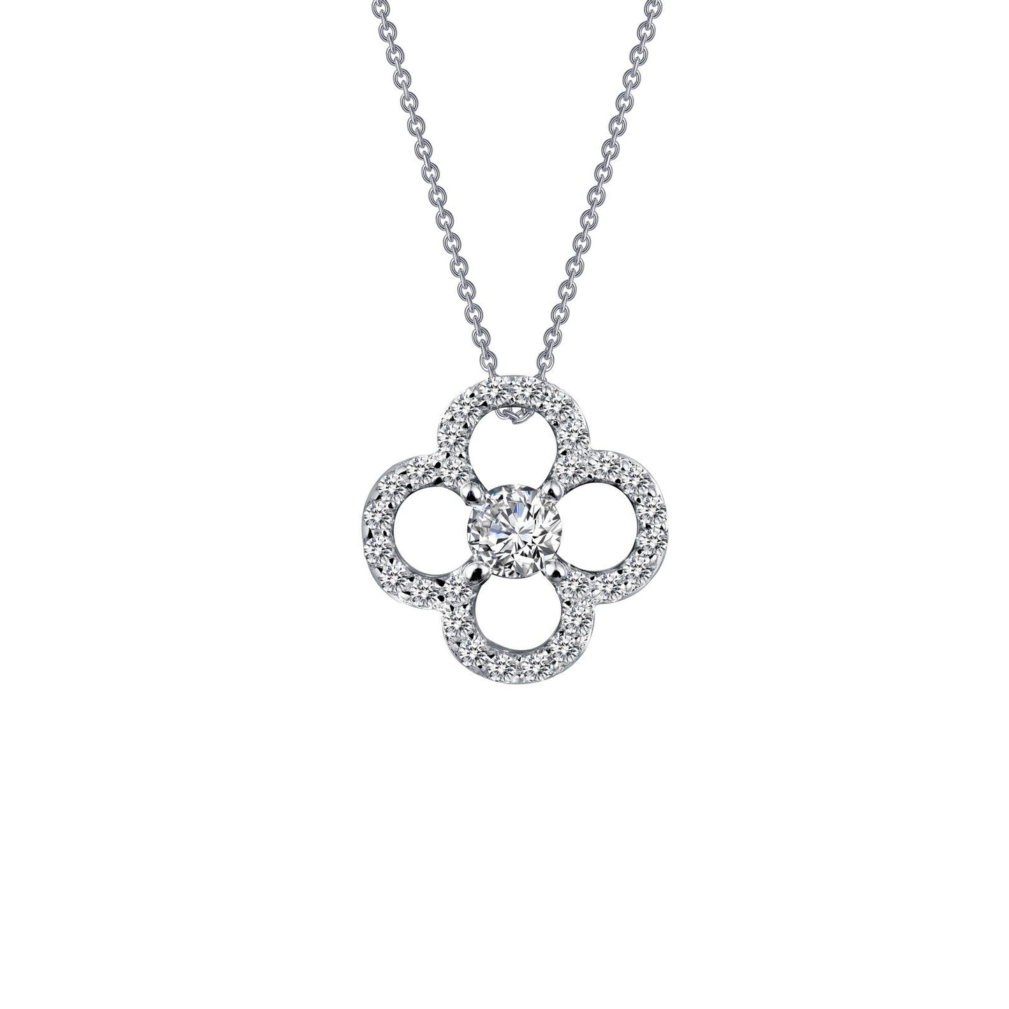 LaFonn Platinum Simulated Diamond  3.00mm Round, Approx. 0.11 CTW NECKLACES 0.29 CTW Clover Necklace