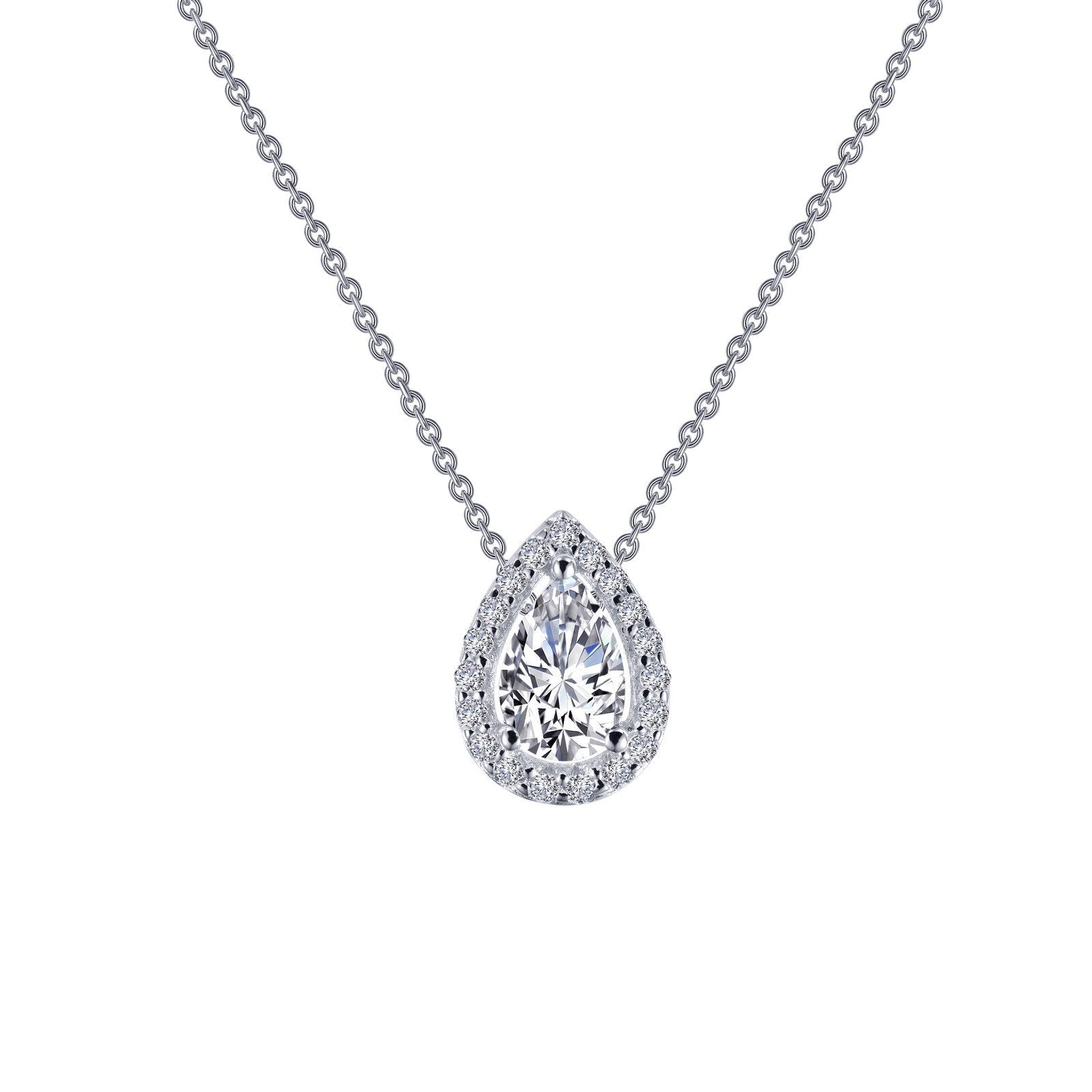 LaFonn Platinum Simulated Diamond  6X4mm Pear, Approx. 0.39 CTW NECKLACES Pear-Shaped Halo Necklace