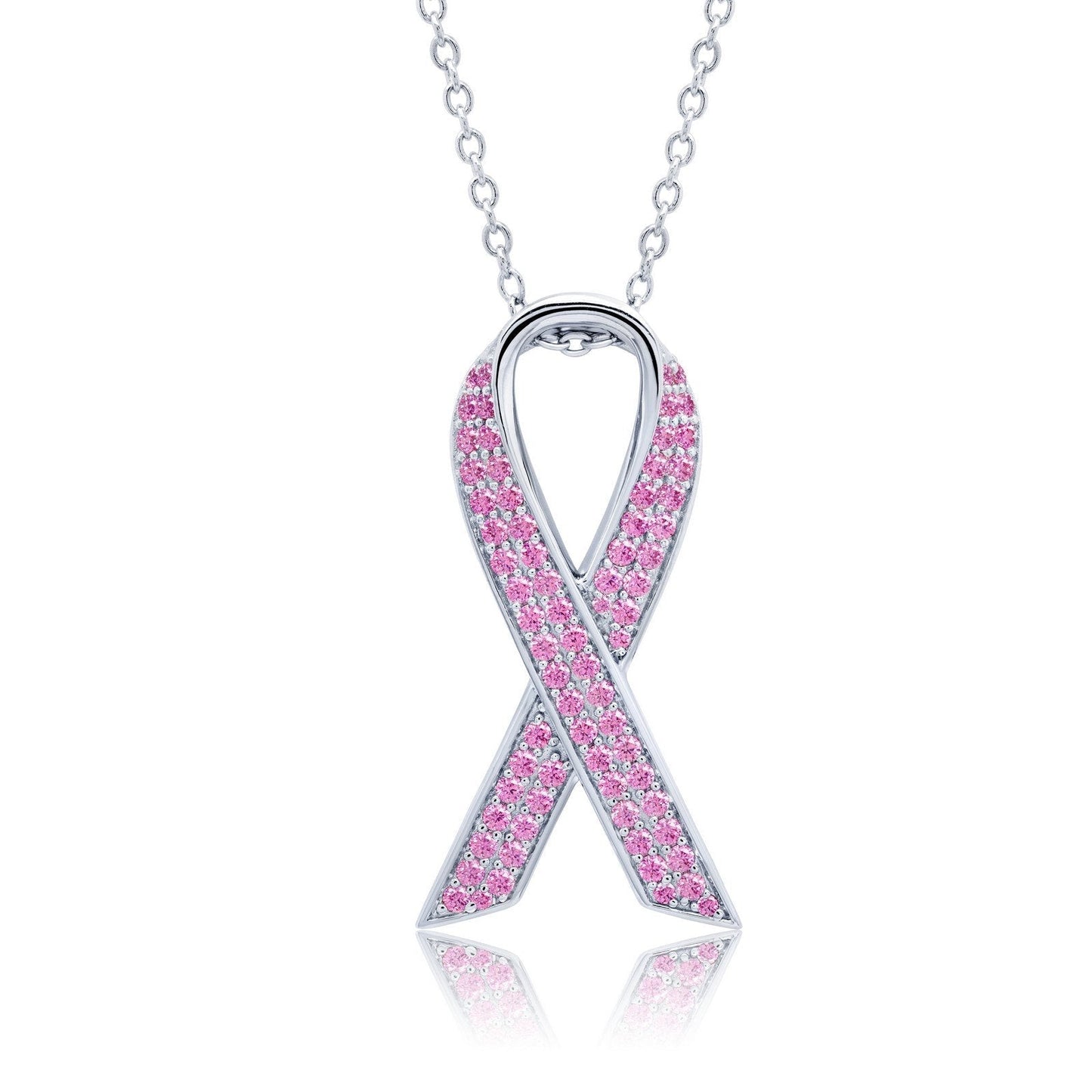 LaFonn Platinum Simulated Diamond N/A NECKLACES Pave Pink Ribbon Necklace