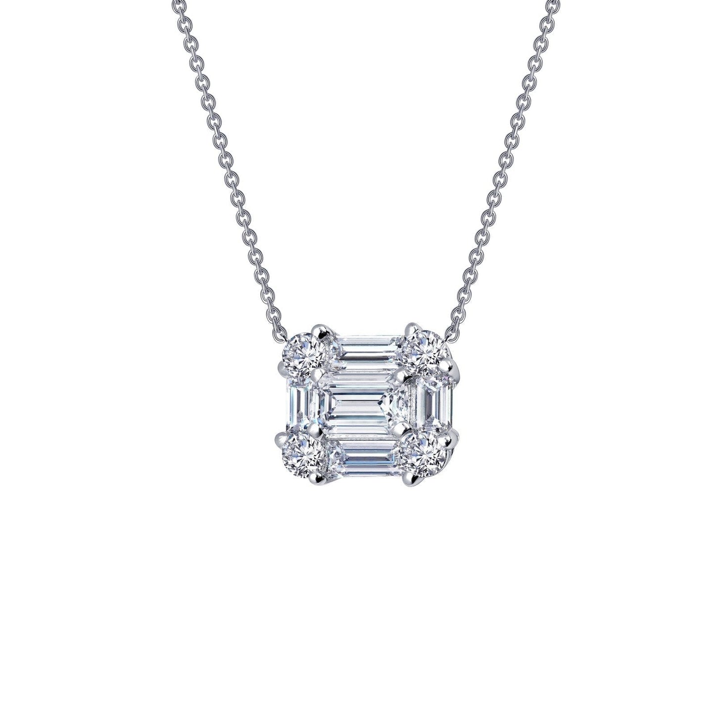 LaFonn Platinum Simulated Diamond  4.5X3.5mm Emerald, Approx. 0.25 CTW NECKLACES 1.15 CTW Baguette Halo Necklace