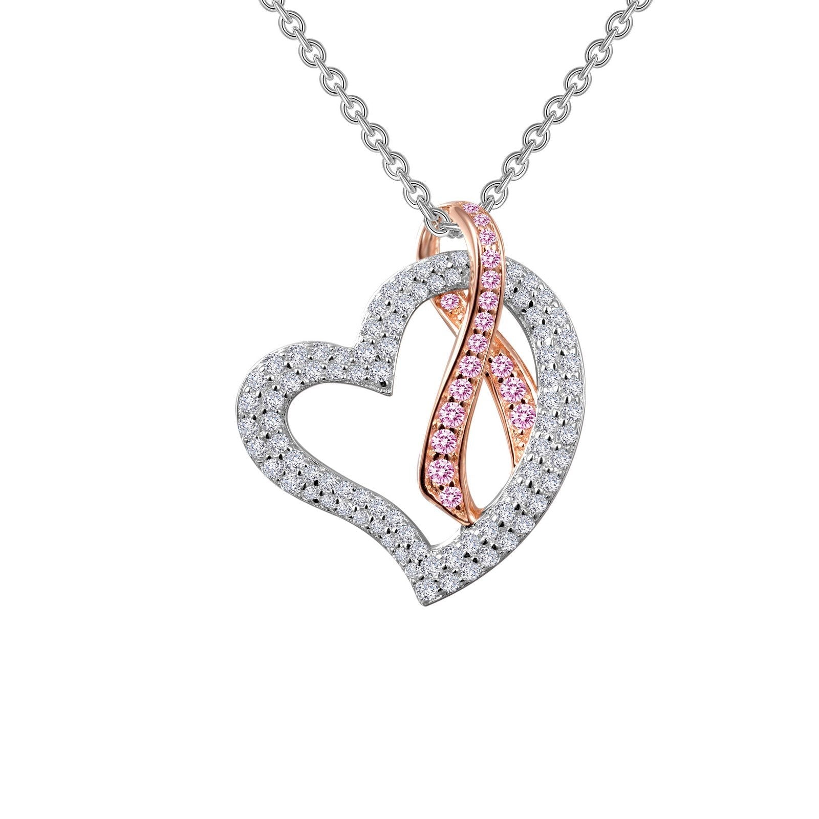 LaFonn Platinum Simulated Diamond N/A NECKLACES Pink Ribbon Heart Pendant Necklace