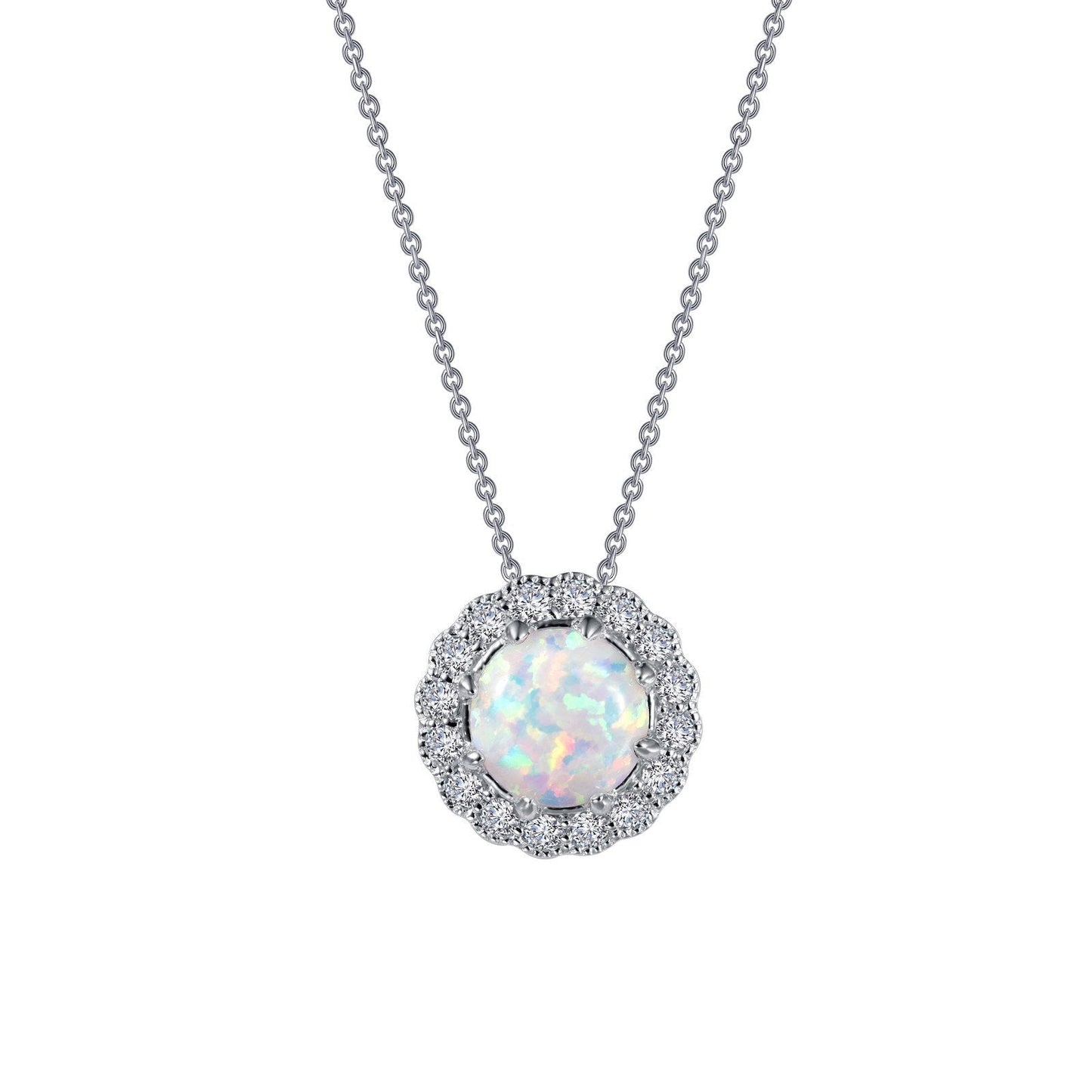 LaFonn Platinum Opal  6.00mm Round, Opal N/A CTW NECKLACES Classic Halo Pendant Necklace