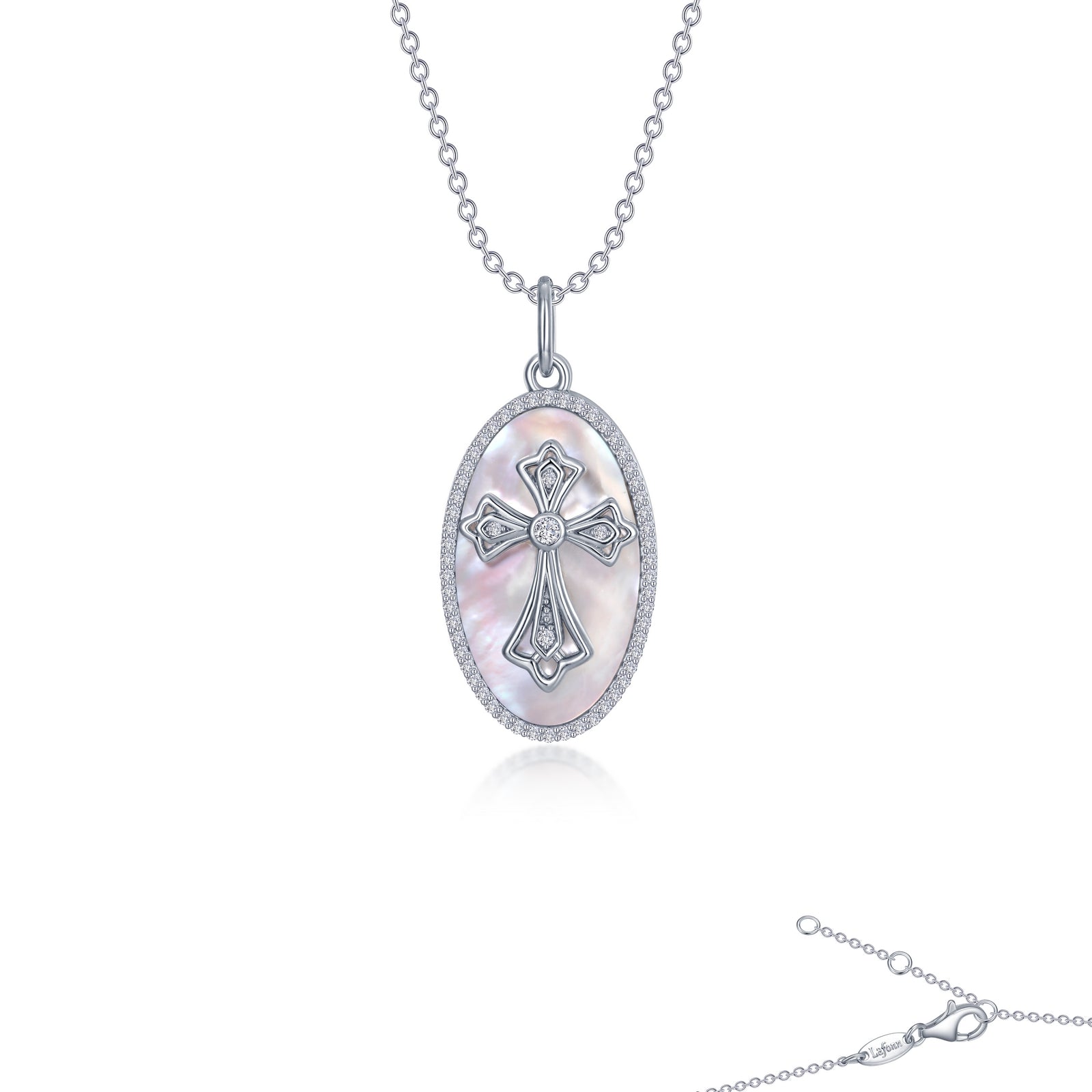 Lafonn Cross on Mother of Pearl Disc Necklace 59 Stone Count P0279PLP20