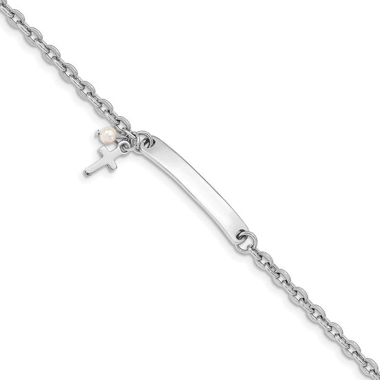 Quality Gold Sterling Silver RH-plated Cross FWC Pearl 6in Plus1in Ext. ID Bracelet Sterling Silver                                   