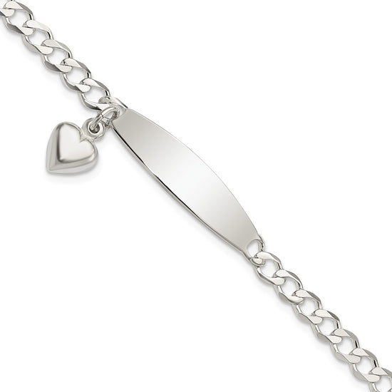 Quality Gold Sterling Silver Polished Curb Link ID Heart Dangle Bracelet Sterling Silver                                   