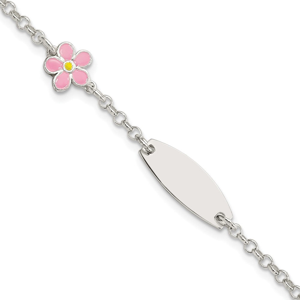 Quality Gold Sterling Silver Childrens Enameled Flower 5in Plus 1IN EXT ID Bracelet Sterling Silver