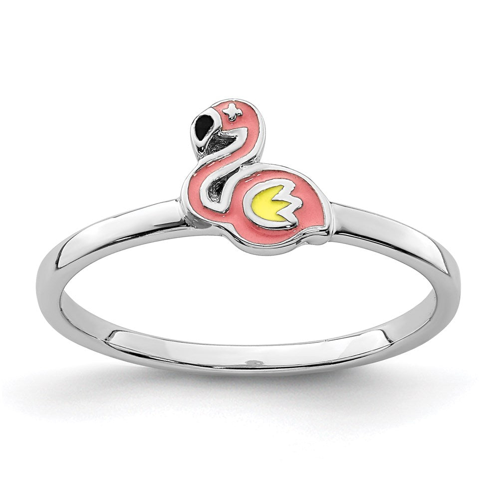 Quality Gold Sterling Silver Rhodium-plated Childs Enameled Flamingo Ring Sterling Silver