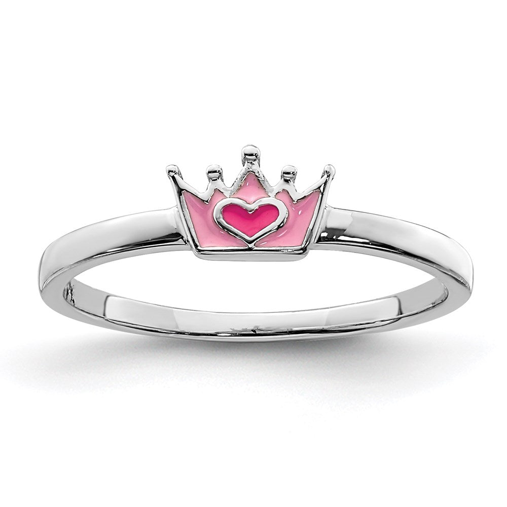 Quality Gold Sterling Silver Rhodium-plated Childs Enameled Pink Crown Ring Sterling Silver