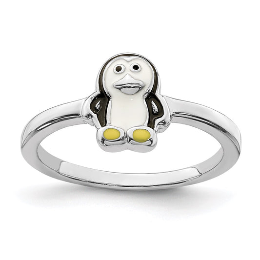 Quality Gold Sterling Silver Rhodium-plated Childs Enameled Penguin Ring Sterling Silver