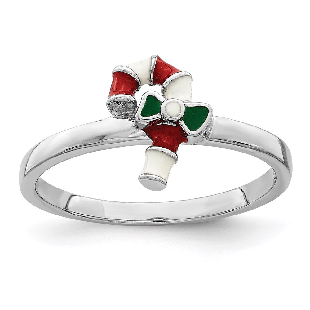 Quality Gold Sterling Silver Rhodium-plated Childs Enameled Candy Cane Ring Sterling Silver