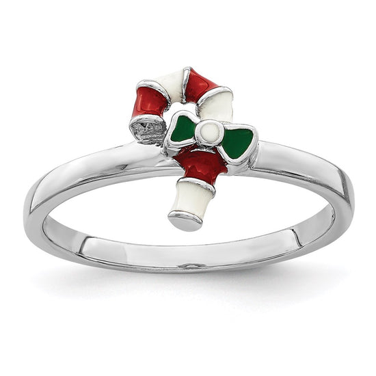 Quality Gold Sterling Silver Rhodium-plated Childs Enameled Candy Cane Ring Sterling Silver