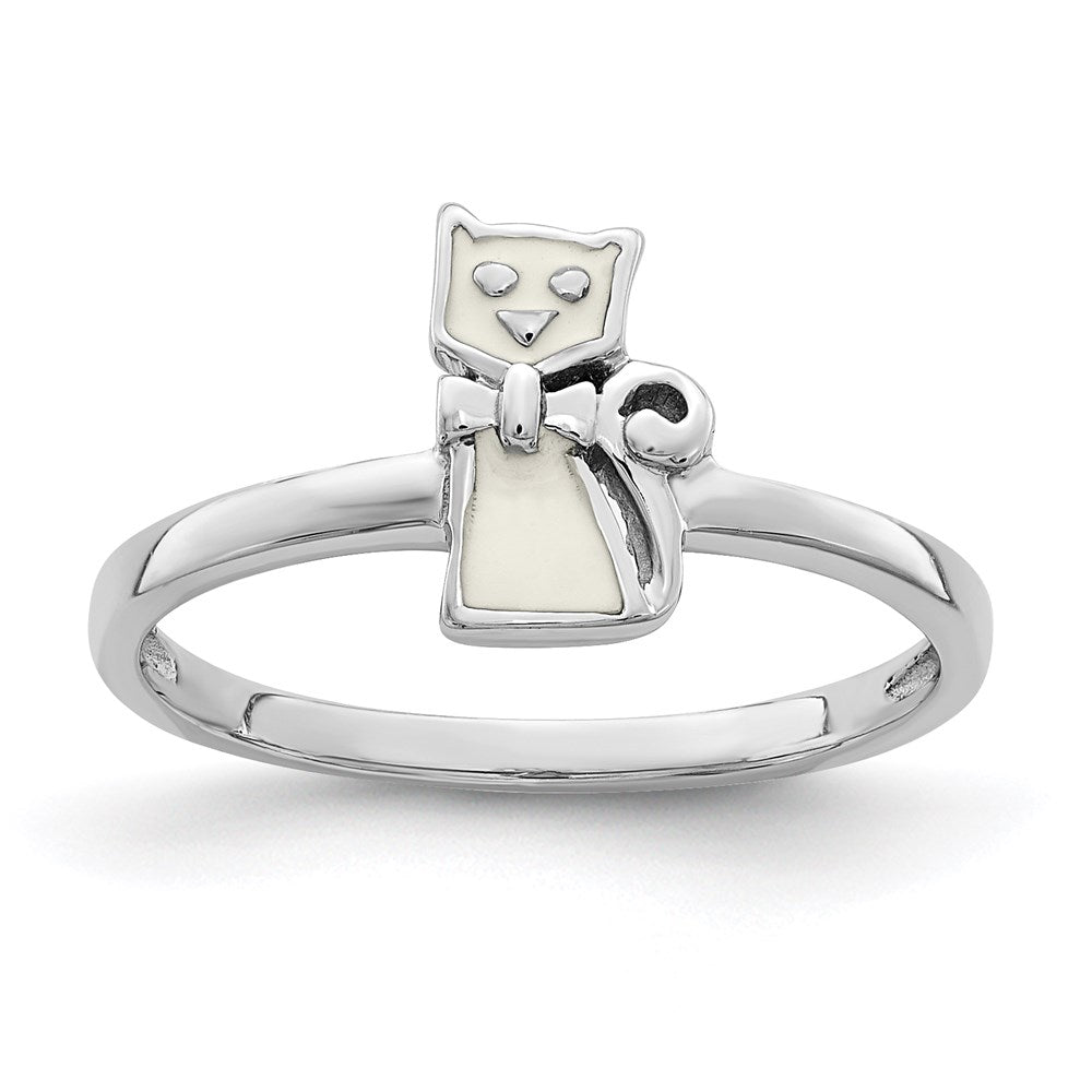 Quality Gold Sterling Silver Rhodium-plated Childs Enameled White Cat Ring Sterling Silver