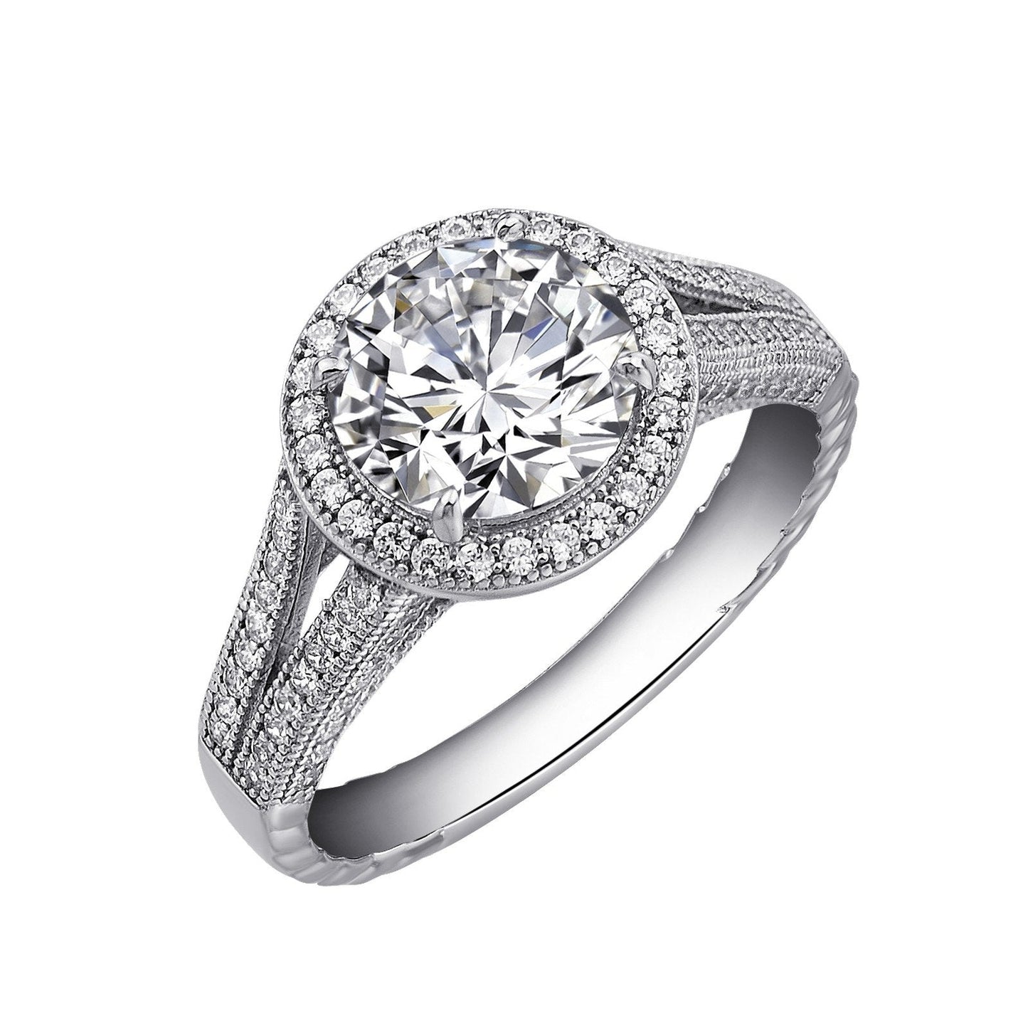 LaFonn Platinum Simulated Diamond  8.00mm Round, Approx. 2.04 CTW RINGS Split Shank Halo Engagement Ring