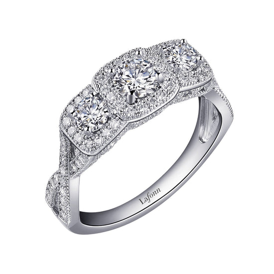 LaFonn Platinum Simulated Diamond  4.50mm Round, Approx. 0.36 CTW RINGS Three-Stone Halo Engagement Ring