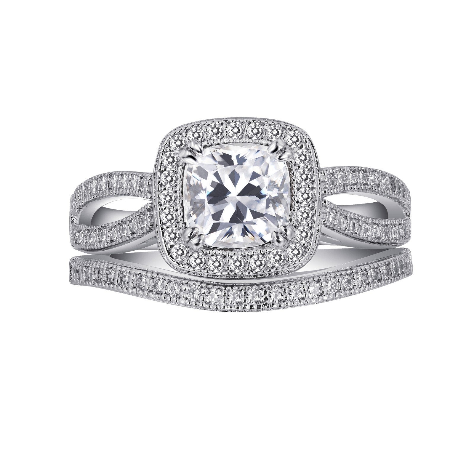 LaFonn Platinum Simulated Diamond  6.00mm Cushion, Approx. 1.24 CTW RINGS Engagement Ring with Wedding Band