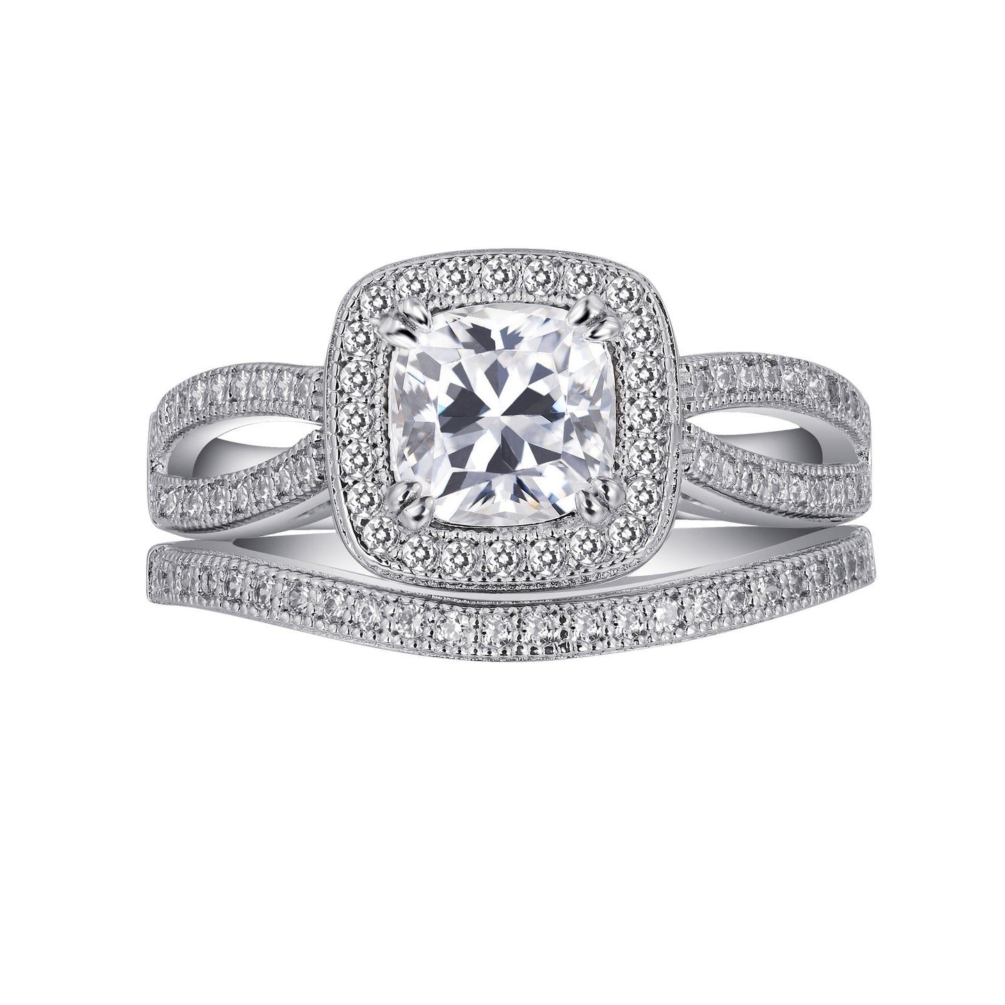 LaFonn Platinum Simulated Diamond  6.00mm Cushion, Approx. 1.24 CTW RINGS Engagement Ring with Wedding Band
