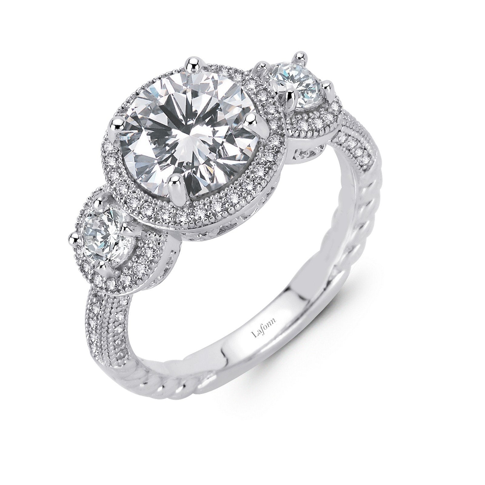 LaFonn Platinum Simulated Diamond  8.50mm Cushion, Approx. 2.43 CTW RINGS Three-Stone Engagement Ring