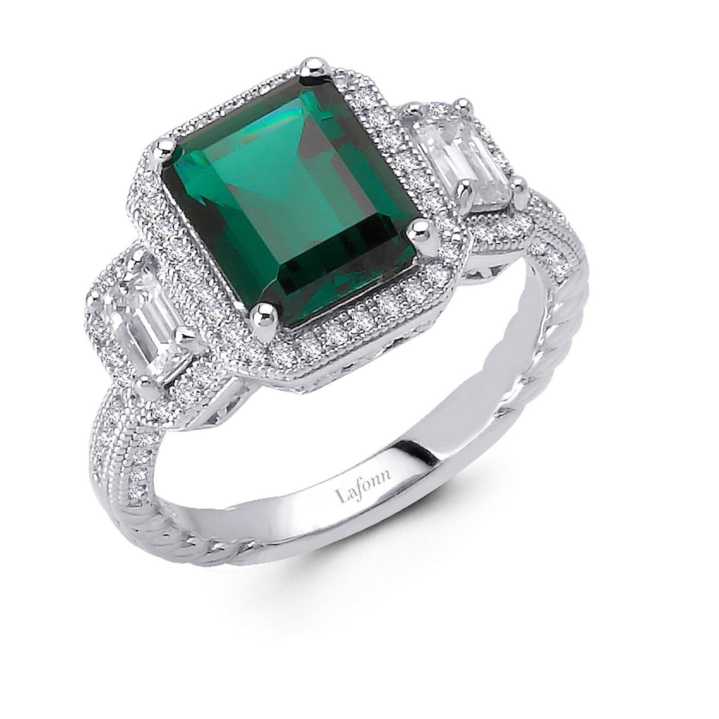 Load image into Gallery viewer, Lafonn Three-Stone Anniversary Ring Emerald RINGS Size 5 Platinum 4.37 CTS 
