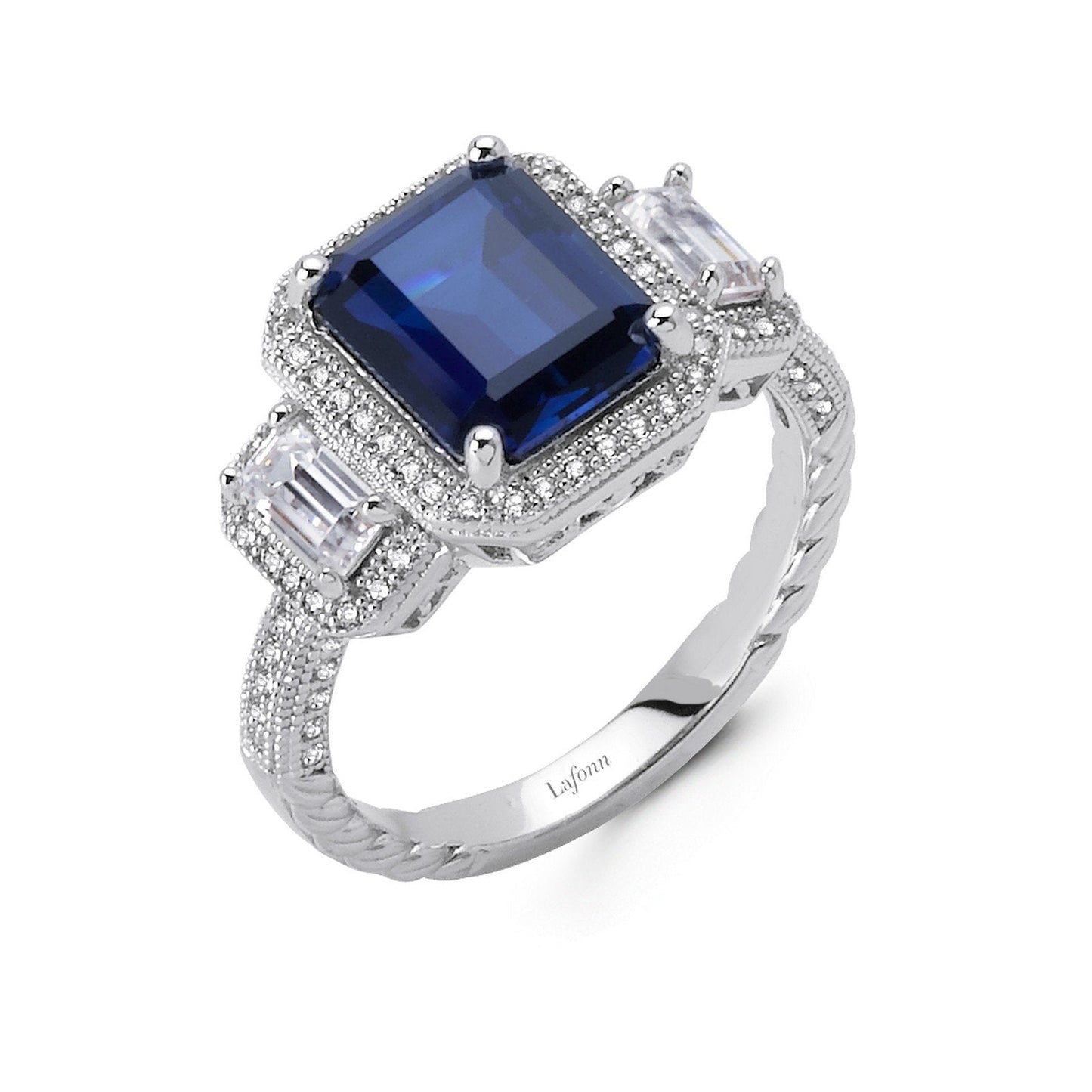 Load image into Gallery viewer, Lafonn Three-Stone Anniversary Ring Sapphire RINGS Size 6 Platinum 4.37 CTS 
