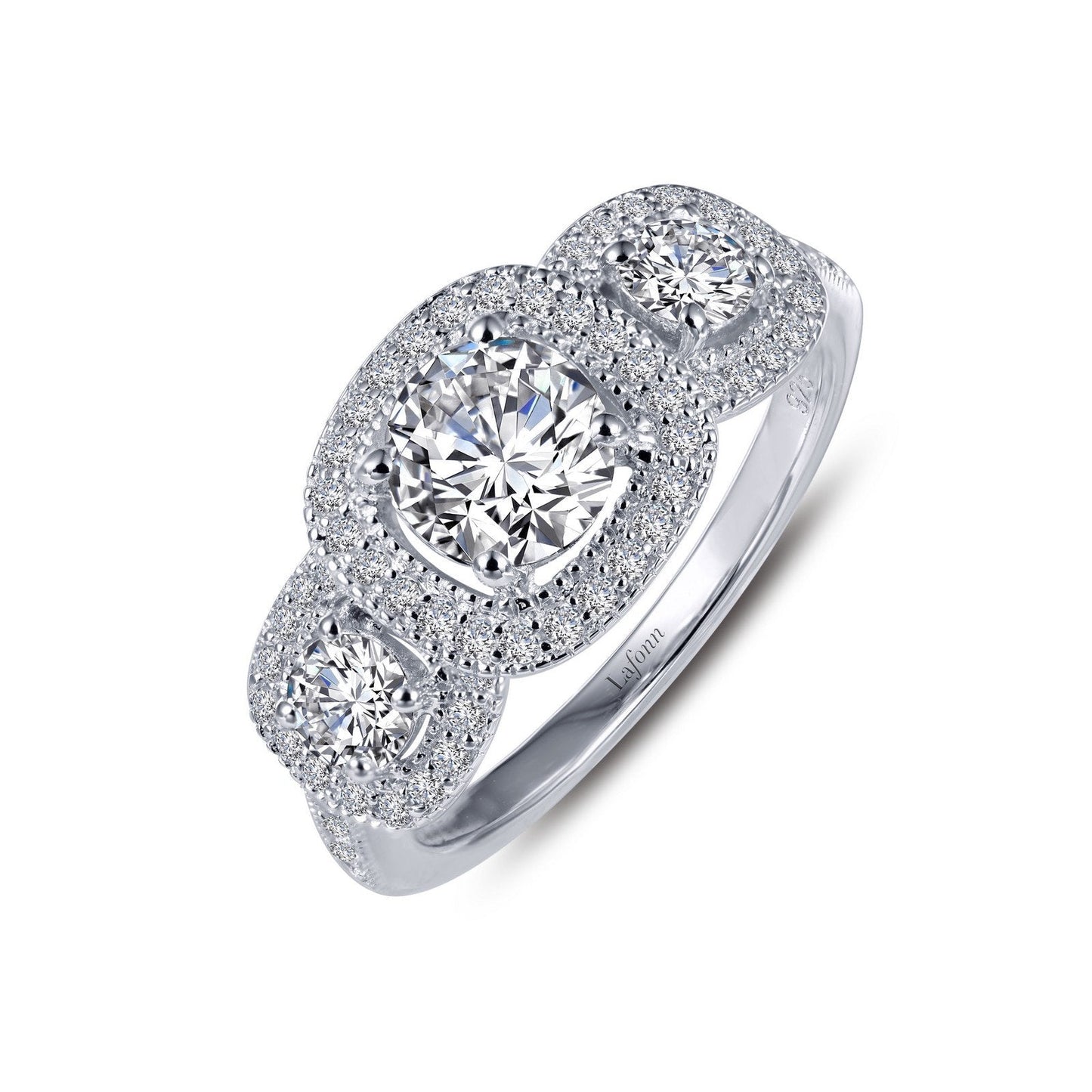 Load image into Gallery viewer, LaFonn Platinum Simulated Diamond  5.50mm Round, Approx. 0.66 CTW RINGS Three-Stone Halo Engagement Ring

