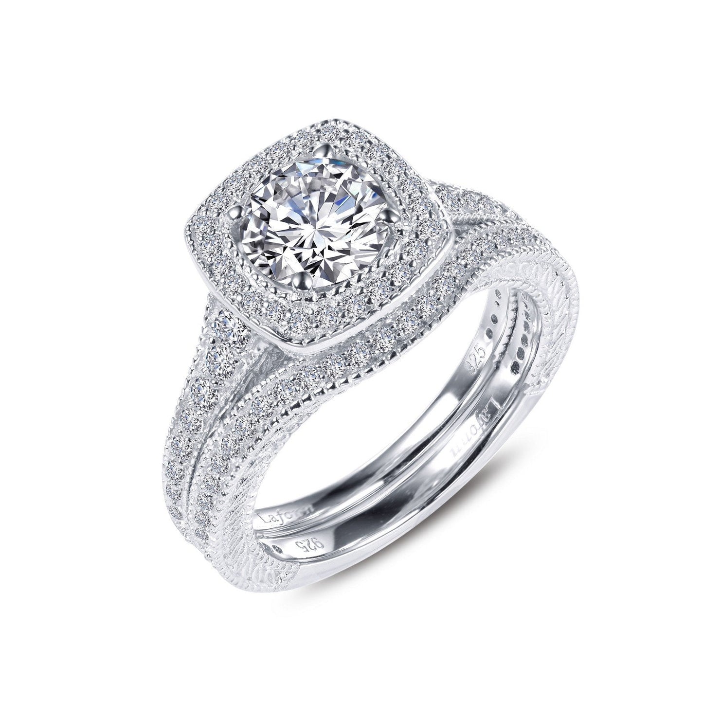 Load image into Gallery viewer, LaFonn Platinum Simulated Diamond  6.50mm Round, Approx. 1.03 CTW RINGS Cushion-Cut Halo Wedding Set
