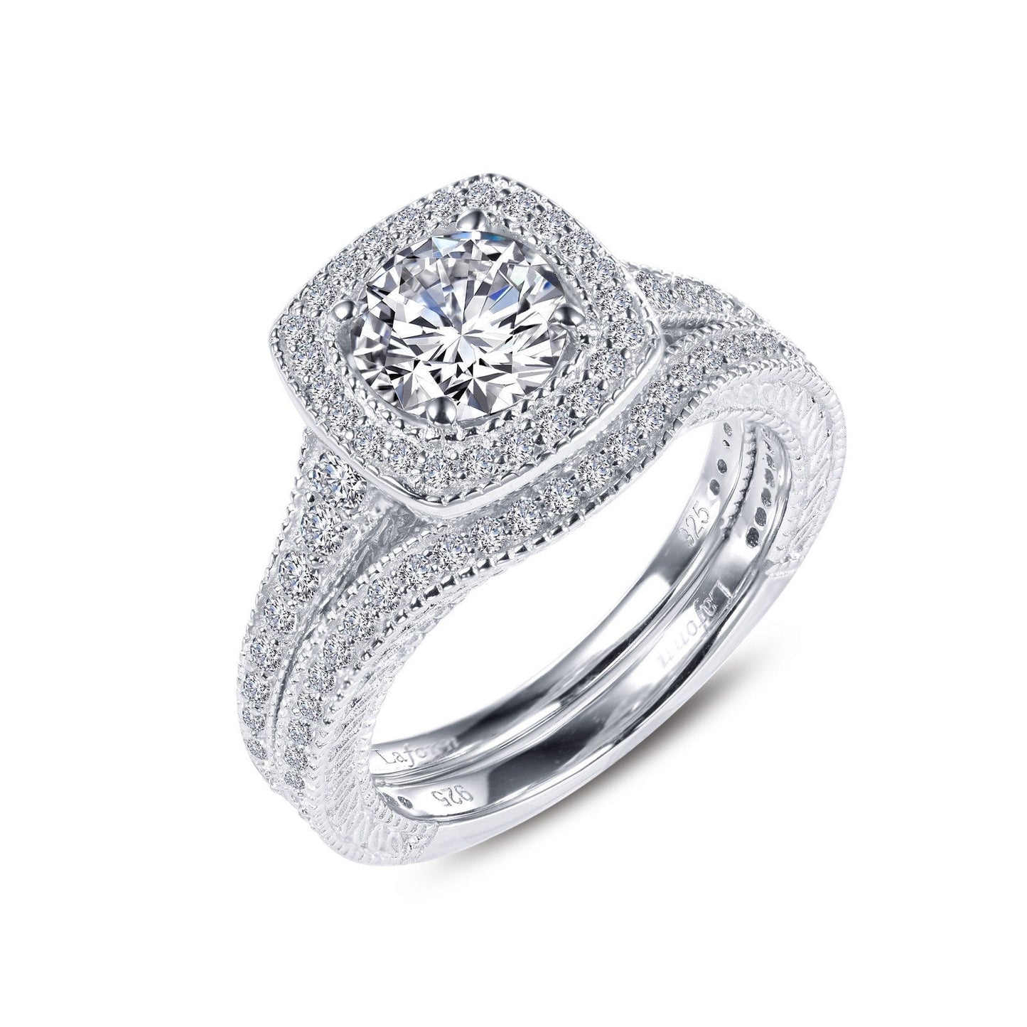 LaFonn Platinum Simulated Diamond  6.50mm Round, Approx. 1.03 CTW RINGS Cushion-Cut Halo Wedding Set