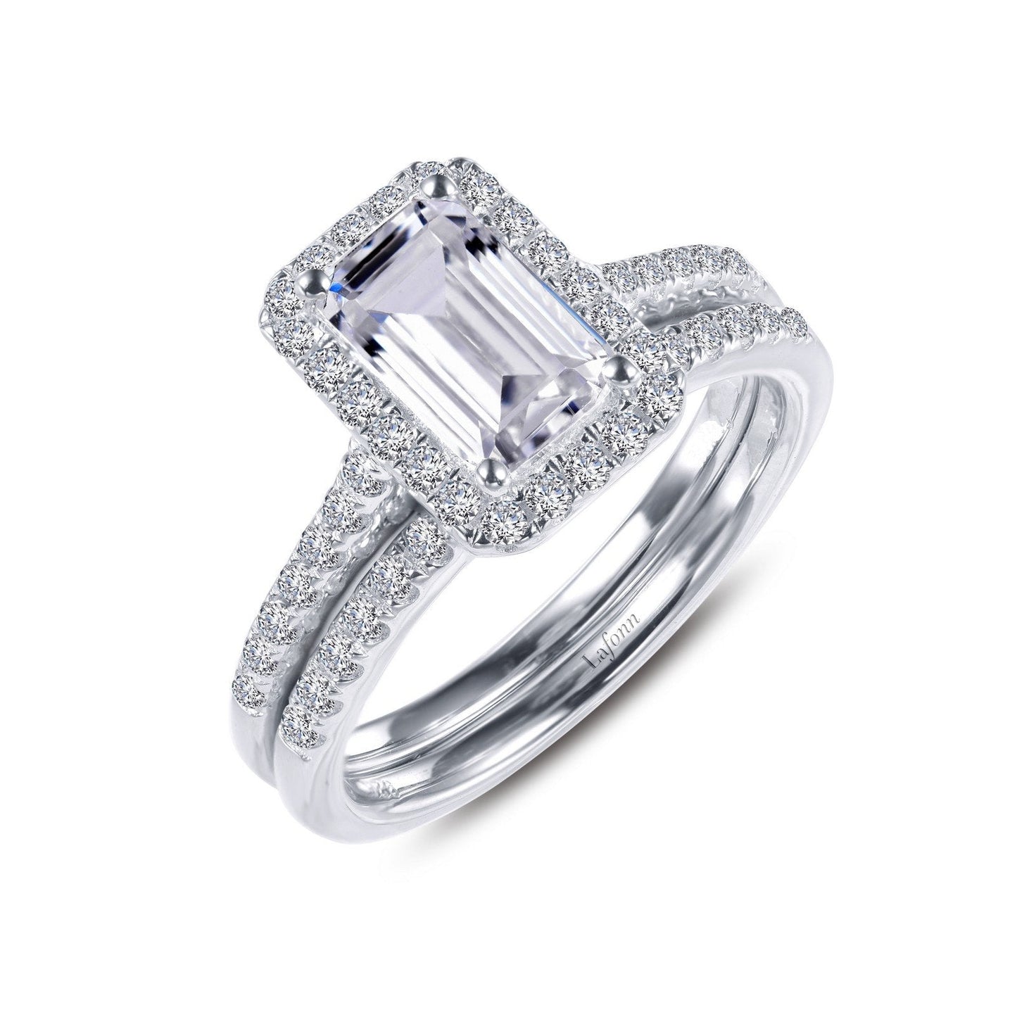 Lafonn Emerald-Cut Halo Wedding Set Simulated Diamond RINGS Size 6 Platinum 2.16 CTS 