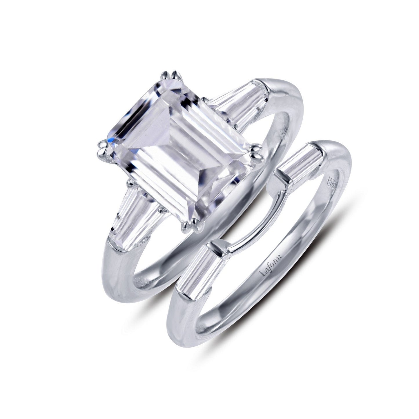 LaFonn Platinum Simulated Diamond  9X7mm  Emerald,  Approx. 2.62 CTW RINGS Emerald-Cut Wedding Set