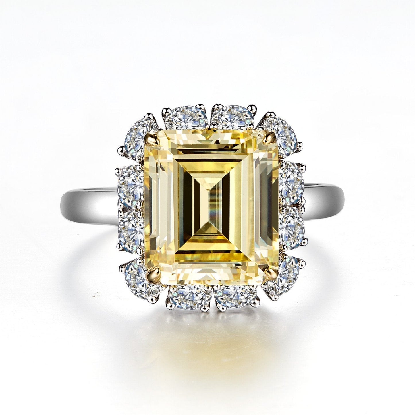 Lafonn Emerald-Cut Halo Engagement Ring Canary RINGS Size 10 Mixed-Color 6.41 CTS Approx.15.4(H)*13.4(W)