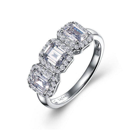 Lafonn Three-Stone Halo Engagement Ring Simulated Diamond RINGS Size 10 Platinum 1.68 CTS 8mm