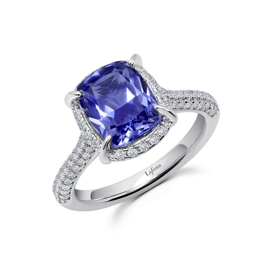 Load image into Gallery viewer, LaFonn Platinum Simulated Diamond and Tanzanite 10X8mm Cushion, Approx. 4.12 CTW RINGS Statement Halo Ring
