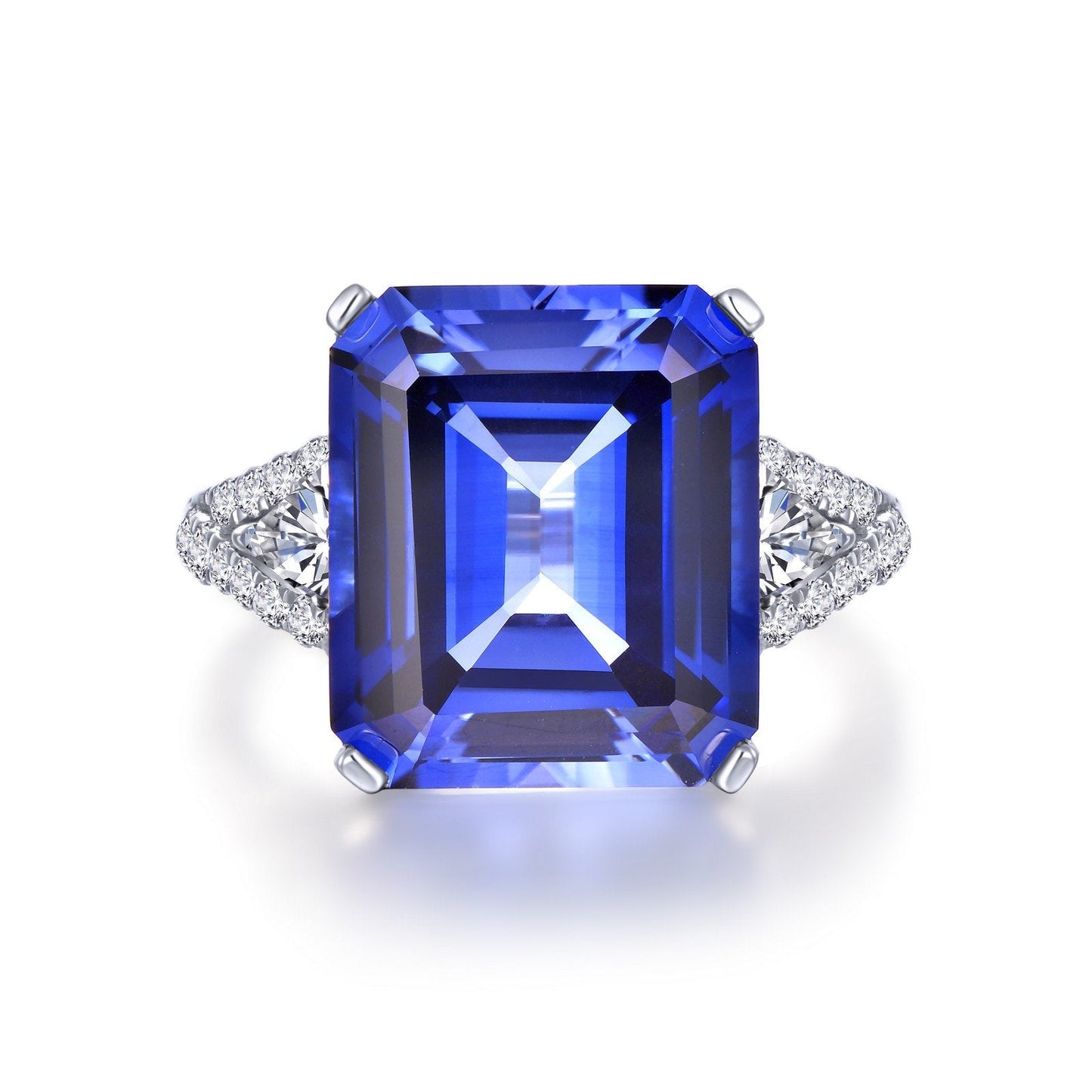 LaFonn Platinum Simulated Diamond and Tanzanite 14X12mm Emerald, Approx. 11.26 CTW RINGS Stunning Statement Ring