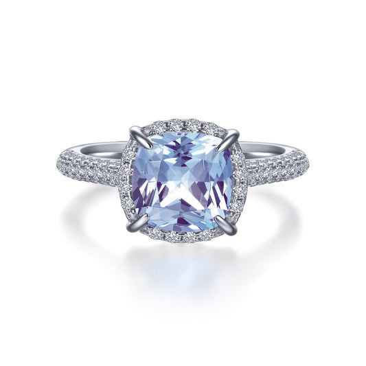 LaFonn Platinum Simulated Diamond and Aquamarine 8.50mm Cushion, Approx. 3.67 CTW RINGS Statement Halo Ring